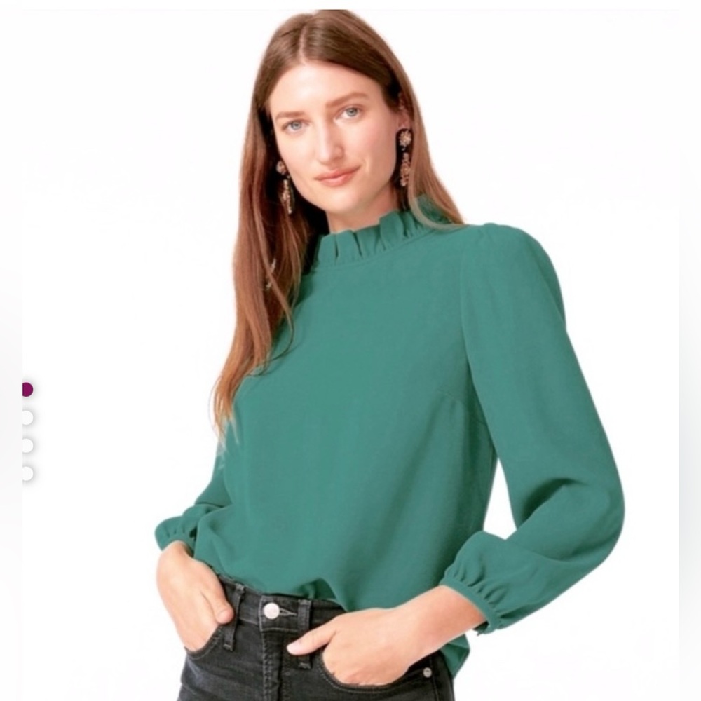 J.Crew Long Sleeve Ruffle Neck Crepe Blouse, emerald green, size xs